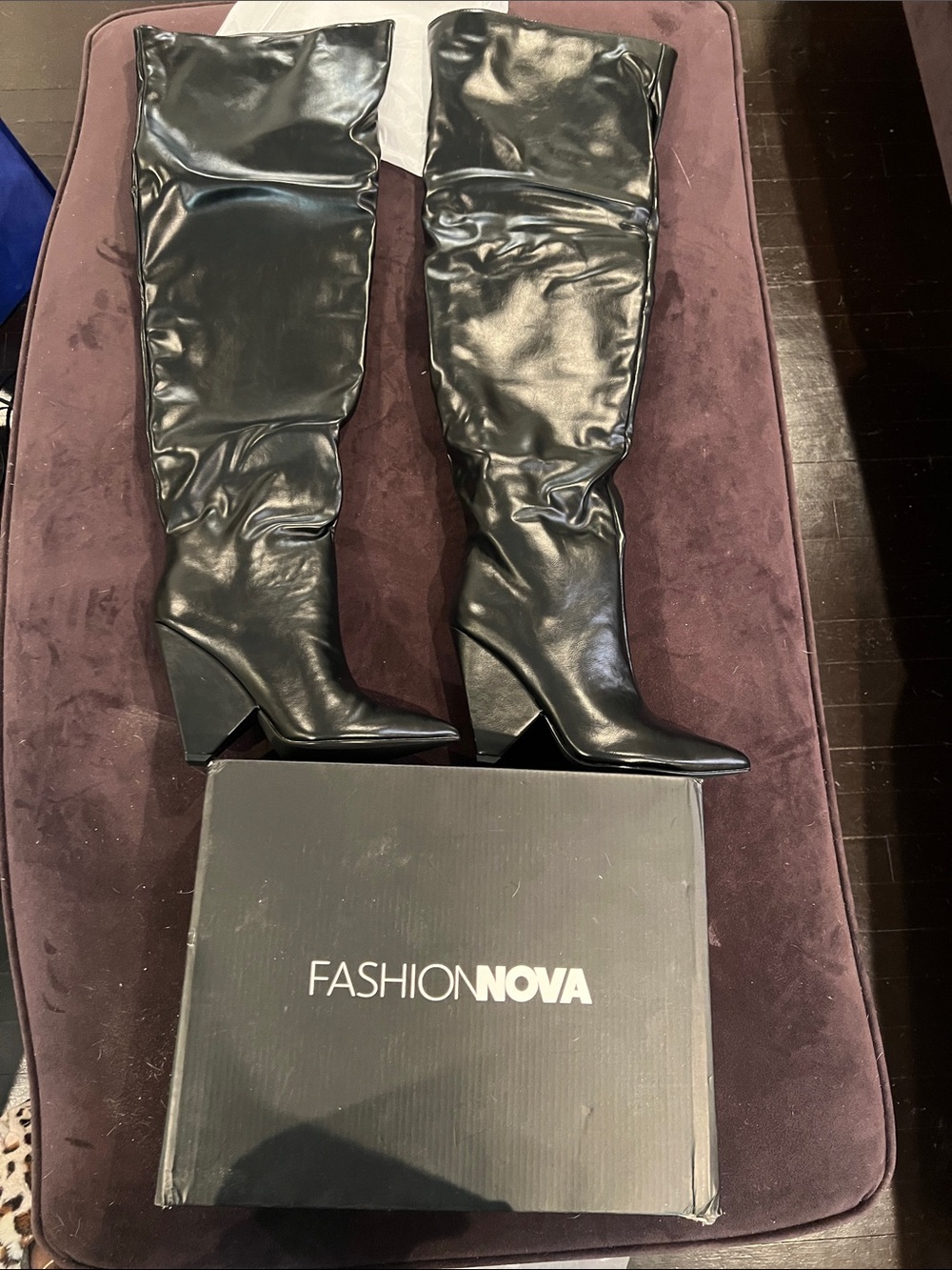 Fashion Nova Black Faux-Leather Over-the-Knee Wedge Boots